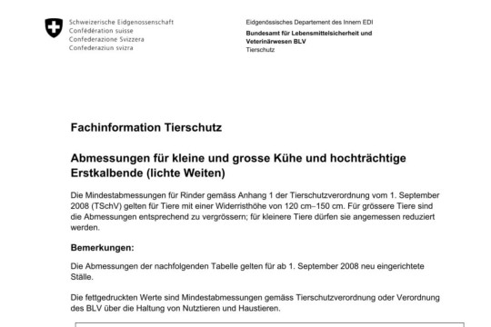 Abmessungen für kleine & grosse Kühe (Fachinfo Tierschutz)