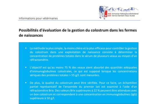 Possibilités d'évaluation de la gestion du colostrum